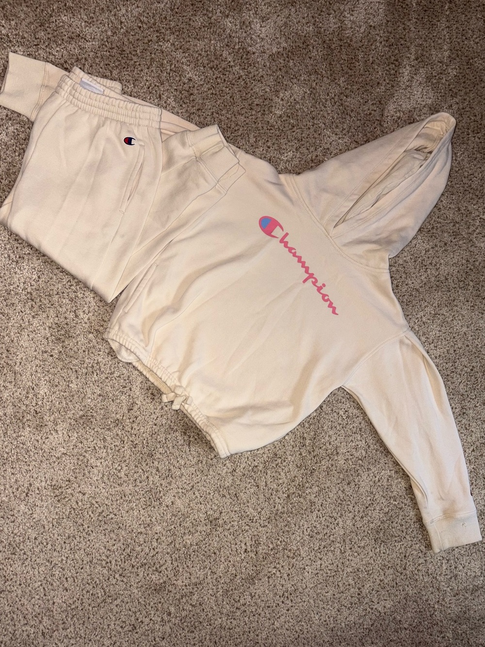 Champion Kids Cream Hoodie & Sweatpants with Pink Logo